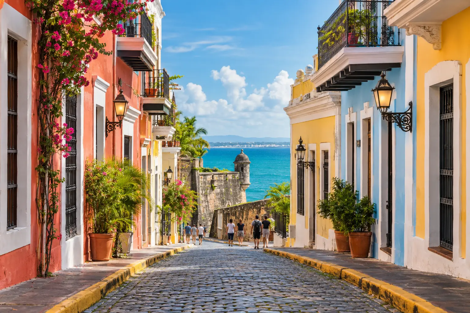 Calle colonial de San Juan con casas coloridas y vista al Caribe