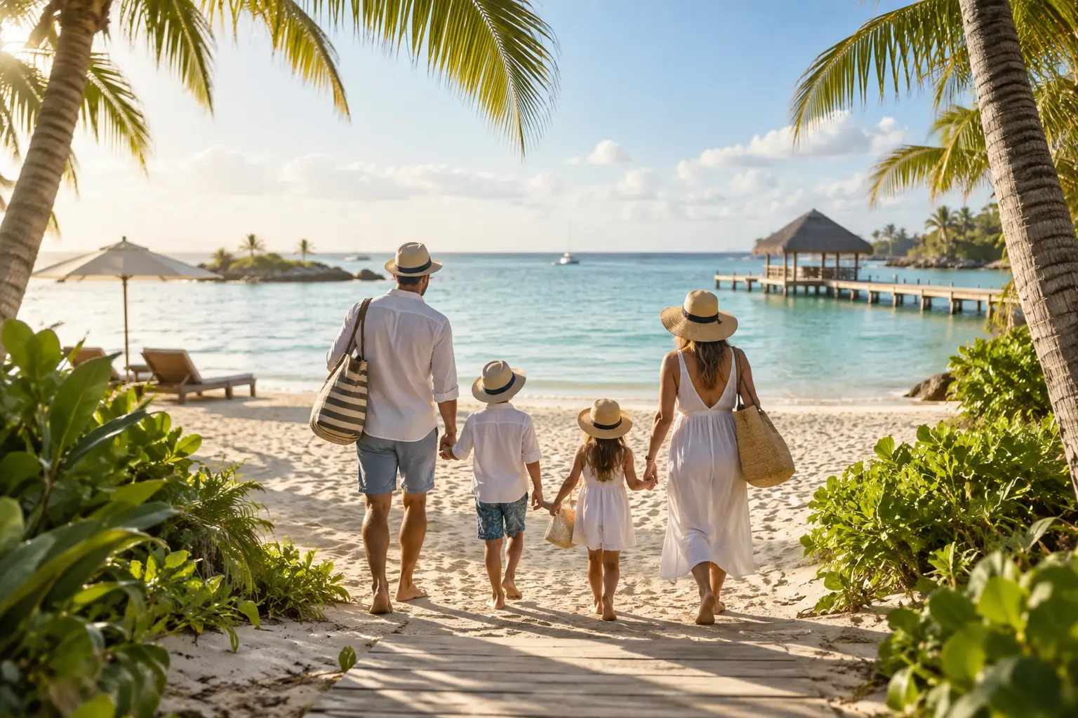 Familia con dos niños caminando hacia una playa tropical tranquila