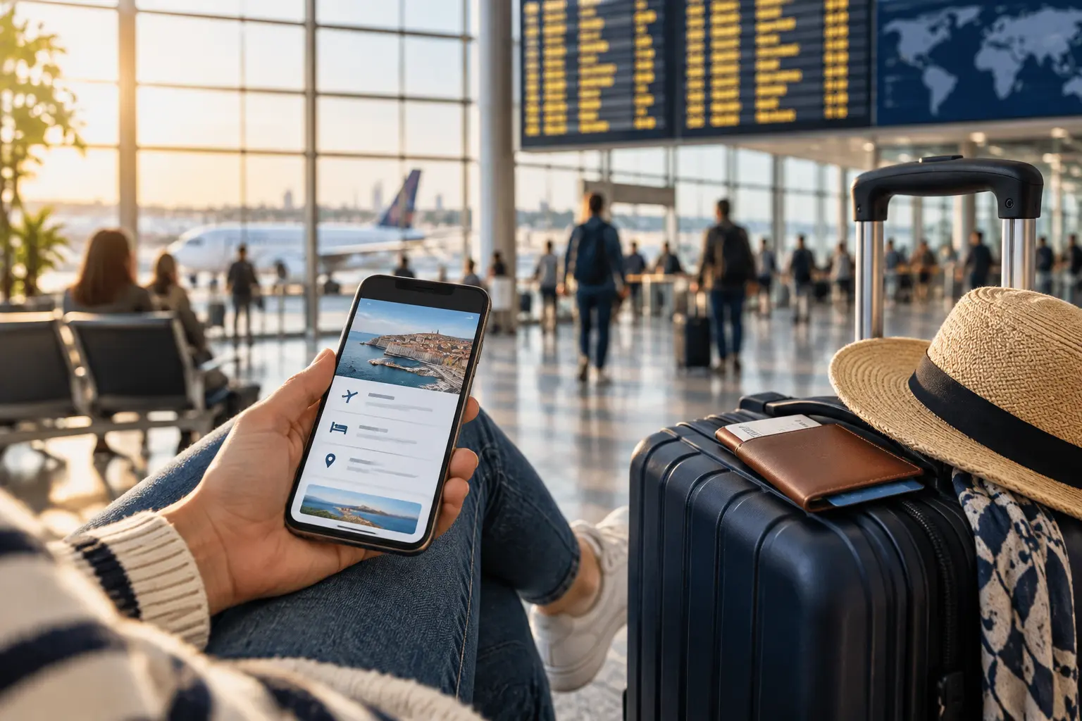 Equipaje y teléfono con itinerario de viaje en un aeropuerto