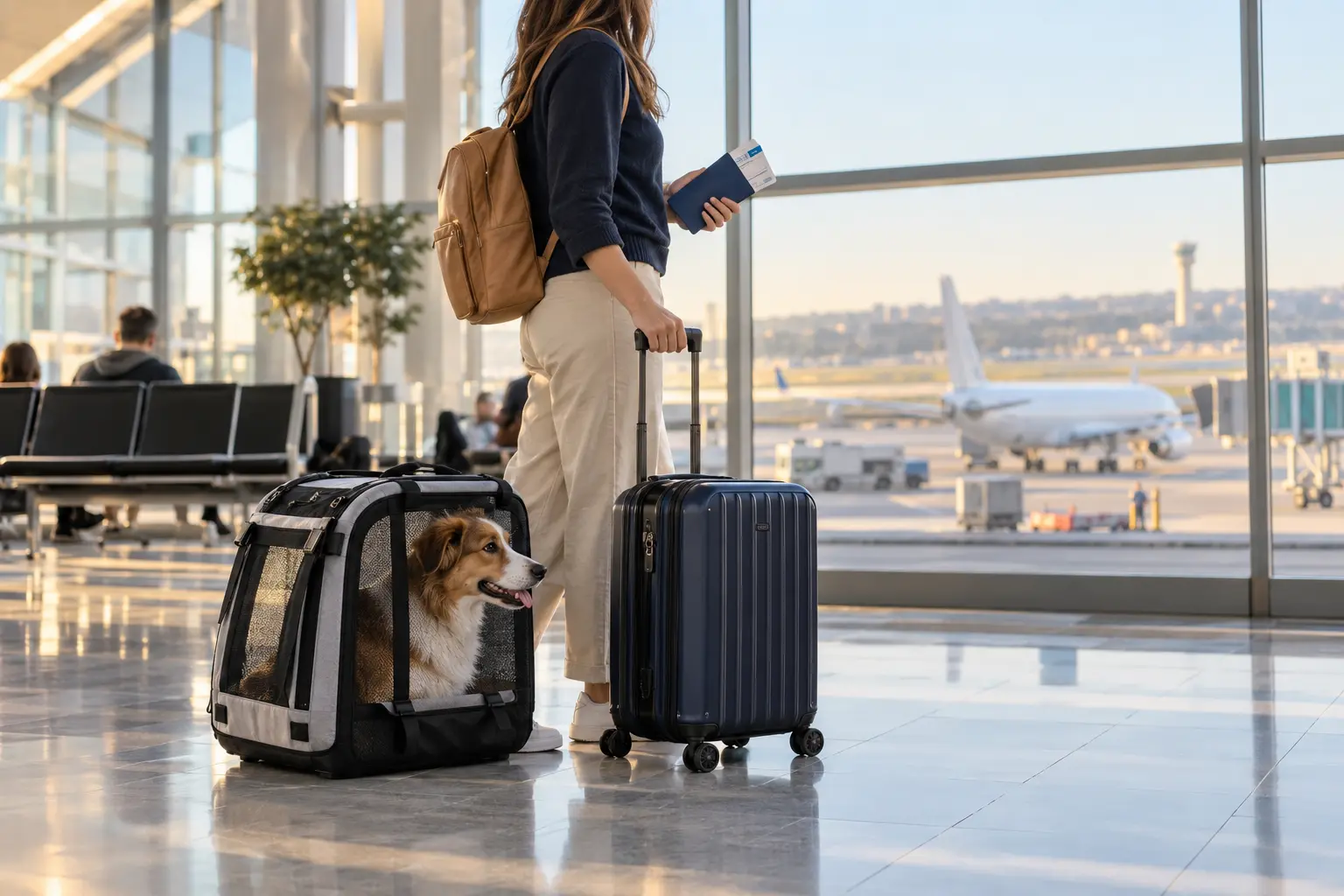 Viajera con perro en transportadora y equipaje en un aeropuerto
